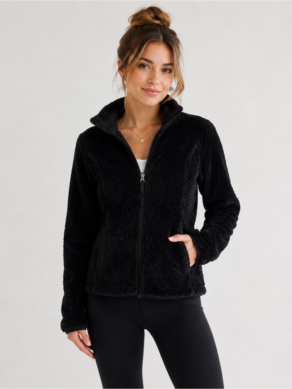 FREE2B Black Faux Fur Teddy‎ Fleece Zip Jacket Women’s Medium Cozy soft sweater